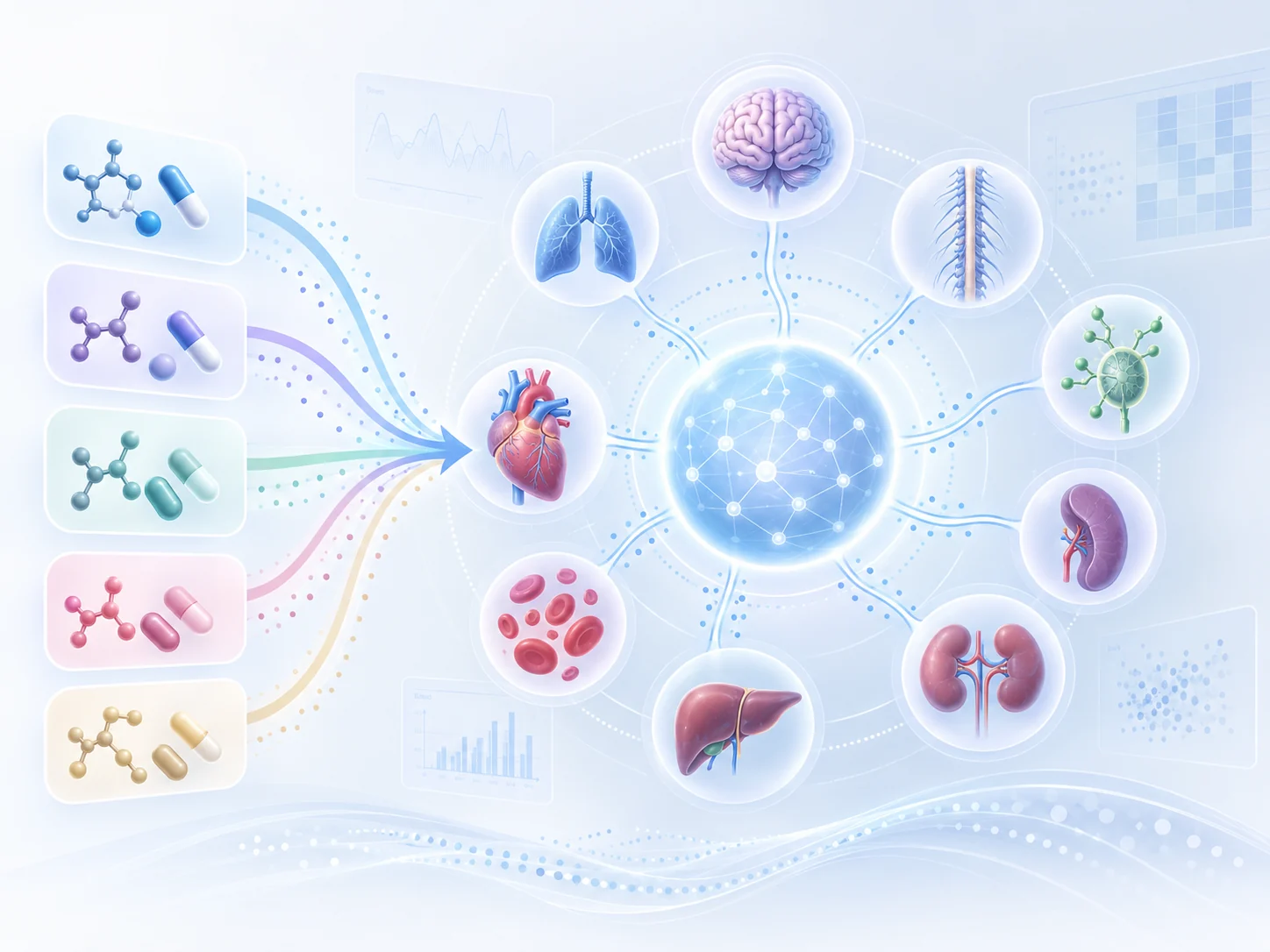 薬剤候補と複数臓器のデータを結び、全体の状態を考える逆創薬の概念イメージ